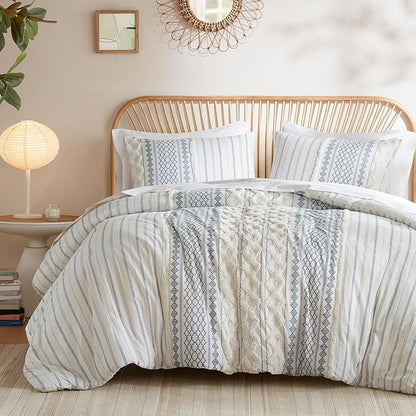 Ink+Ivy Comforter for Queen Size Bed, Chenille Tufted, Breathable Cotton Comforter Set Queen, All Season Modern Boho Comforter with Farmhouse Bedding Flare, 2 Matching Shams, Queen White/Navy 3 Piece
