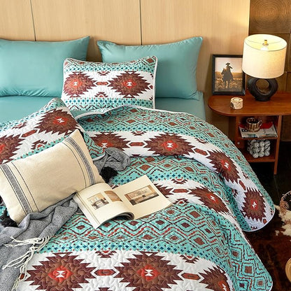 Wake In Cloud - Western Quilt Set, Southwestern Aztec Country Style with Rustic Ranch Vibe, Reversible Lightweight Bedspread Coverlet, 3 Pieces, Turquoise Brown, King Size