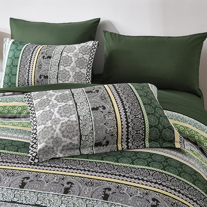 Cottolester Boho Comforter Set Queen Size,8 Pieces Dark Green Bohemian Striped Bed in a Bag,Paisley Soft Microfiber Bedding Comforter Set