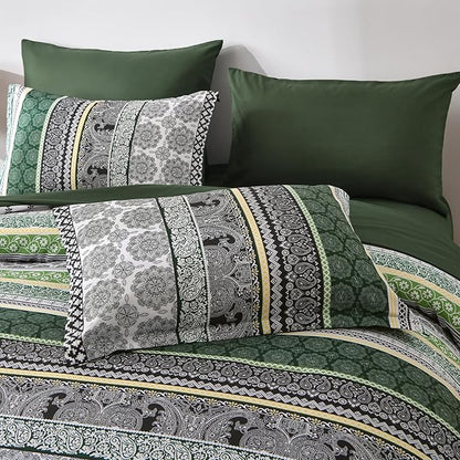 Cottolester Boho Comforter Set King Size,8 Pieces Dark Green Bohemian Striped Bed in a Bag,Paisley Soft Microfiber Bedding Comforter Set