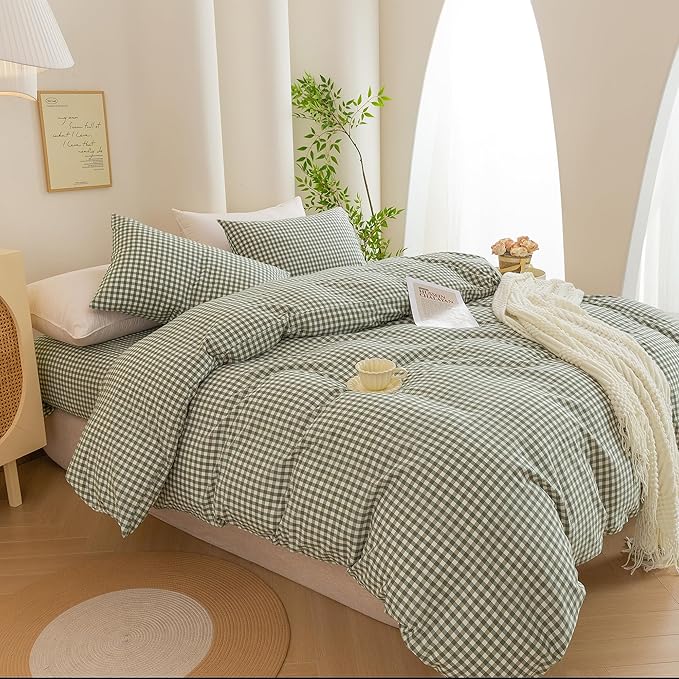 ECOCOTT Green Gingham Duvet Cover King Size 100% Washed Cotton Like Linen Feel Super Soft & Comfy Bedding Set Modern Checkered Design for All Seasons