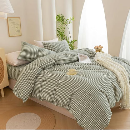ECOCOTT Green Gingham Duvet Cover Queen Size 100% Washed Cotton Like Linen Feel Super Soft & Comfy Bedding Set Modern Checkered Design for All Seasons
