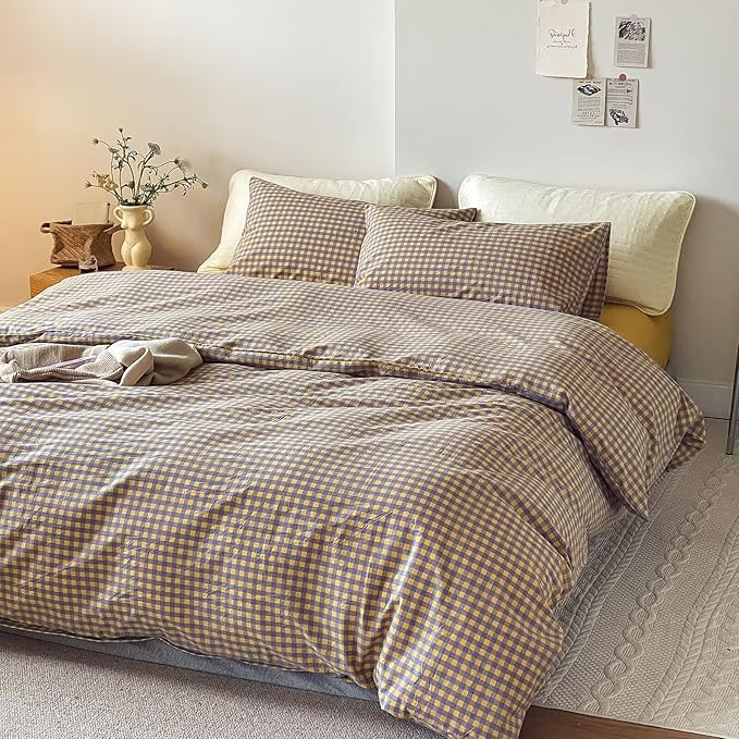 mixinni Yellow/Purple Gingham Comforter Set King, Plaid Comforter Set 3 Pieces 1 Vintage Grid Comfoter with 2 Pillow Cases for All Seasons, Soft Fluffy Modern Grid Pattern Printed Bedding-King Size
