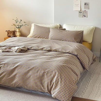 mixinni Yellow/Purple Gingham Comforter Set King, Plaid Comforter Set 3 Pieces 1 Vintage Grid Comfoter with 2 Pillow Cases for All Seasons, Soft Fluffy Modern Grid Pattern Printed Bedding-King Size
