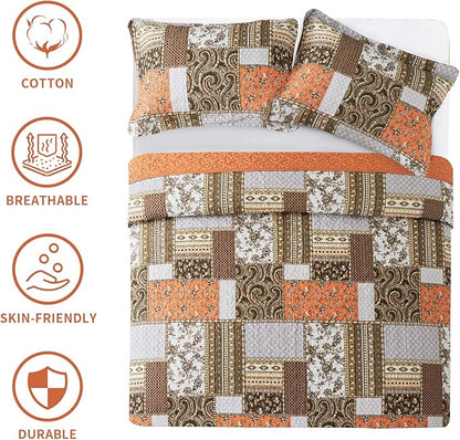 BEDIFANY Farmhouse Cotton Quilts Queen Size for Fall - Lightweight Patchwork Autumn Bedspread Set for Bed Coverlet - Highly-Woven Soft Reversible Bed Spread for All Seasons (Floral Orange) 3 Pieces