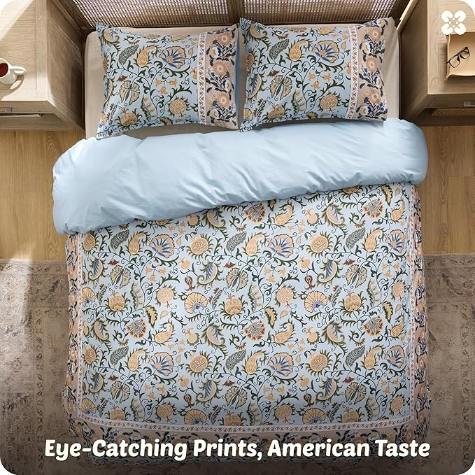 Bedsure Duvet Cover King Size - 100% Cotton Reversible Classic Frame Bordered Duvet Cover Set, 3 Pieces Soft & Breathable PureWoven Bedding Set with 2 Pillow Shams (Vintage Blue Boho 104"x90")