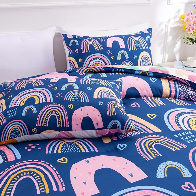 Btargot Lightweight Soft 3 Piece Rainbow Comforter Set with 2 Pillow Covers, Cartoon Love Hearts Suns and Stars Bedding Set for Girls Boys Kids, Queen Dark Blue