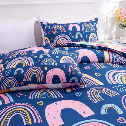 Btargot Lightweight Soft 3 Piece Rainbow Comforter Set with 2 Pillow Covers, Cartoon Love Hearts Suns and Stars Bedding Set for Girls Boys Kids, Twin Dark Blue
