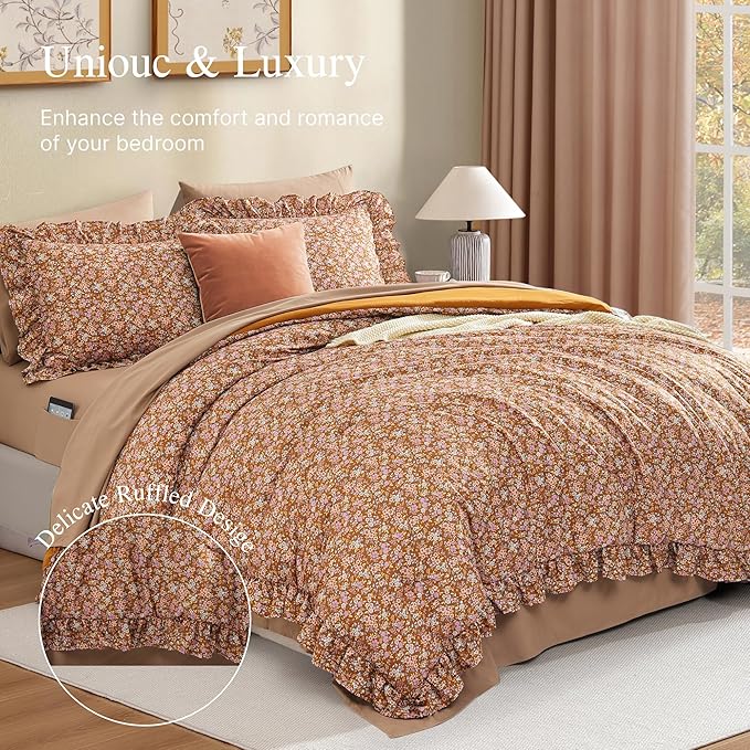 Full Comforter Set - 7 Pieces Ruffle Brown Floral Bedding Sets, Shabby Chic Farmhouse Bed in a Bag with Ruffle Comforter, Sheets, Pillowcases & Shams