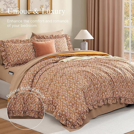 Queen Comforter Set - 7 Pieces Ruffle Brown Bedding Sets, Shabby Chic Farmhouse Bed in a Bag with Ruffle Comforter, Sheets, Pillowcases & Shams