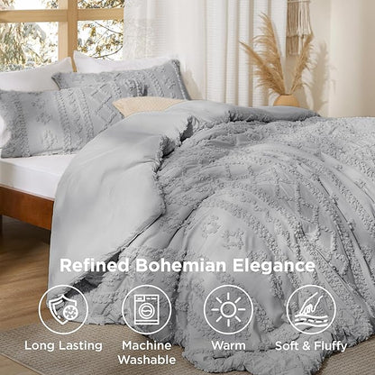 Bedsure Tufted Boho Comforter Set Queen Size - Light Grey Boho Bed Set, GentleSoft™ 3 Pieces Farmhouse Shabby Chic Embroidery Bedding, Gifts for Woman, Soft Jacquard Queen Comforter for All Seasons