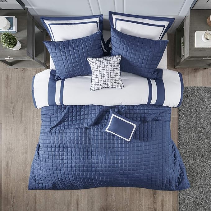 Madison Park Heritage Comforter Quilt Combo Set - Modern Luxury Design, All Season Down Alternative Bedding, Matching Shams, Decorative Pillows, Full/Queen(90"x90"), Color Block Navy 8 Piece