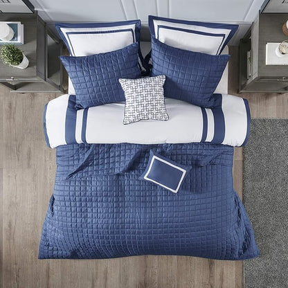 Madison Park Heritage Comforter Quilt Combo Set - Modern Luxury Design, All Season Down Alternative Bedding, Matching Shams, Decorative Pillows, Full/Queen(90"x90"), Color Block Navy 8 Piece
