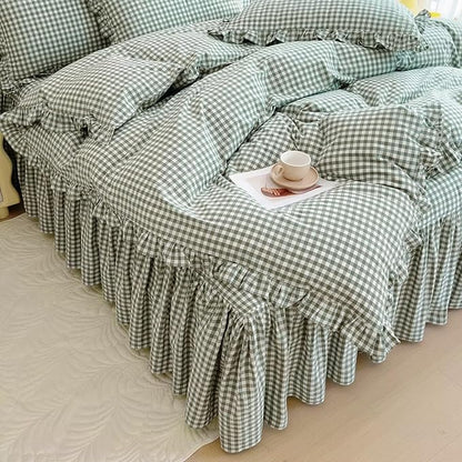 mixinni Vintage Green Gingham Ruffle Comforter Set 3-Piece Washed Cotton Full Size Grid Bedding Set with Geometric Checkered Pattern, Farmhouse Chic Soft Fluffy Comforter for All-Season