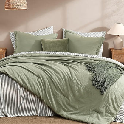 Monbix Super King Plus Size Comforter Set - 7 Pieces Green Prewashed Bed in a Bag Bedding Sets with Comforters, All Seasons Ultra Soft Comforter Bed Set with Sheets, Pillowcases & Shams