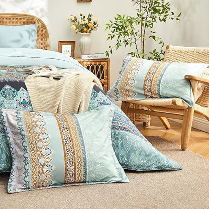Boho Comforter Set King Size Sage Green - 7 Pieces Bohemian Floral Striped Comforter and Sheet Set, Soft Bed in a Bag Complete Bedding Sets King Size for All Season (Sage Green,King)