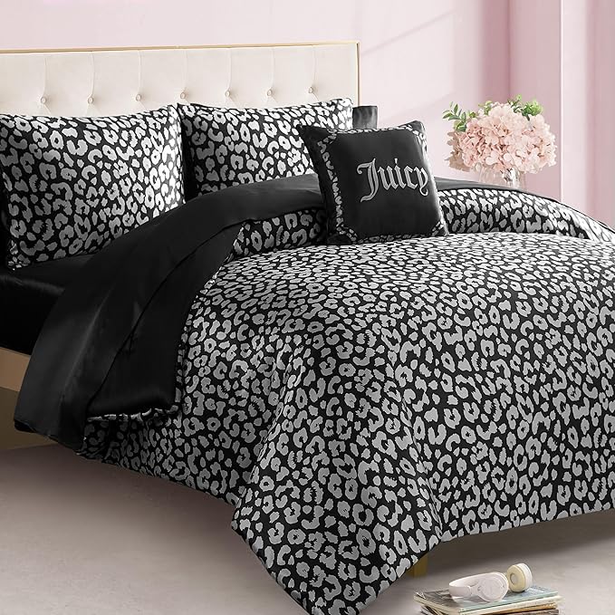 Juicy Couture Modern Black Leopard Satin King Comforter Set - Luxury Bed in a Bag – Soft & Stylish 8-Piece Bedding Collection