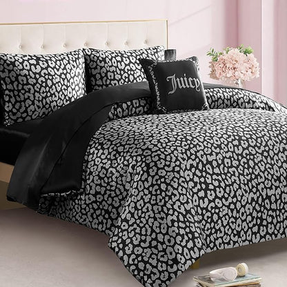 Juicy Couture Modern Black Leopard Satin King Comforter Set - Luxury Bed in a Bag – Soft & Stylish 8-Piece Bedding Collection
