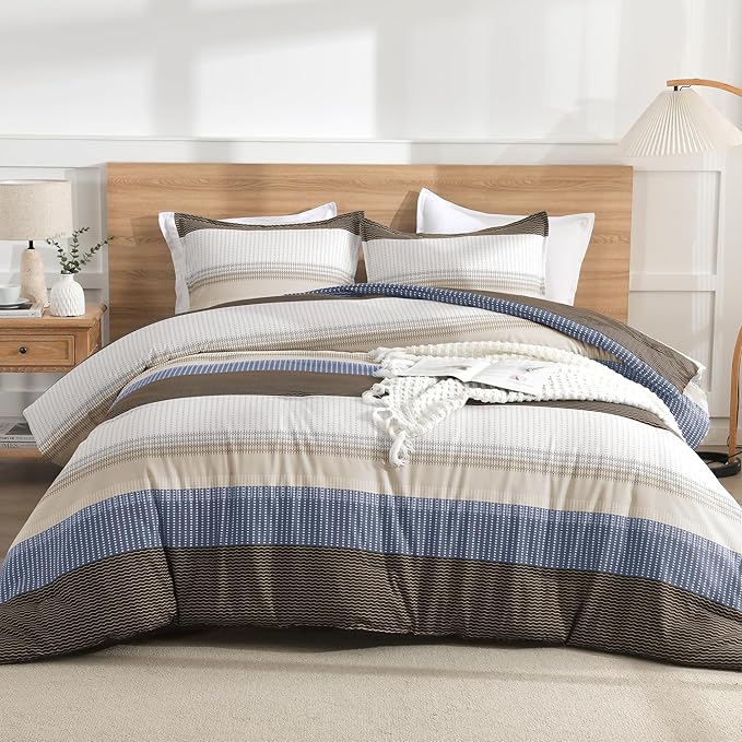 Litanika King Comforter Set Blue Brown - 3 Pieces Lightweight Fluffy Bedding Comforter Sets, All Season Down Alternative Comforter (1 Comforter, 2 Pillowcases)