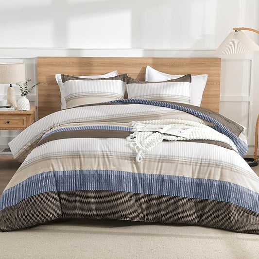 Litanika Full Comforter Set Blue Brown - 3 Pieces Lightweight Fluffy Bedding Comforter Sets, All Season Down Alternative Comforter (1 Comforter, 2 Pillowcases)