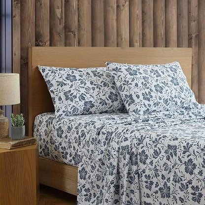 Eddie Bauer - Queen Sheet Set, Premium Cotton Percale Bedding Set, Floral Home Decor, Oeko-Tex Certified (Woodblock Floral Blue, Queen)