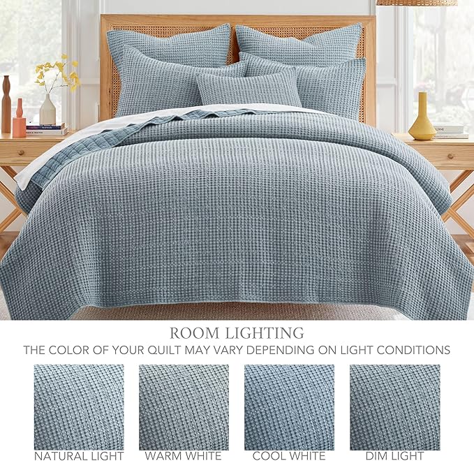 Levtex Home Mills Waffle Full Bedspread Set (100x104in) with 2 Pillow Shams (26x20in) - Chambray - Cotton Waffle Full Size Bedspread Set - Lightweight, Soft, Pre-Washed
