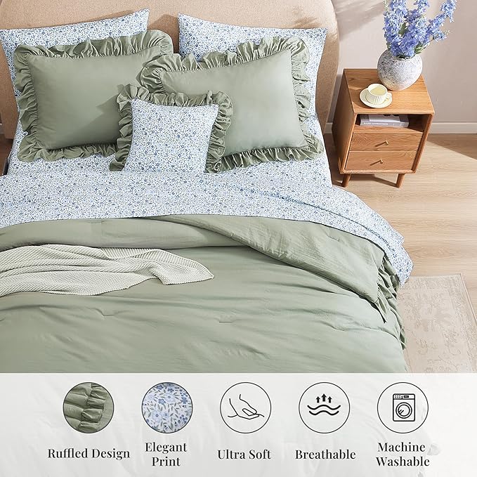 Twin XL Comforter Set - 5 Pieces Ruffle Sage Green Bedding Sets, Shabby Chic Farmhouse Bed in a Bag Twin XL with Ruffle Comforter, Floral Sheets, Pillowcases & Shams