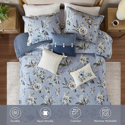 Madison Park King Comforter Set Vintage Floral Reversible Comforter, All Season, Down Alternative Bedding Comforter, Bedskirt, Pillows, Shams, Salara, King Blue 7 Piece