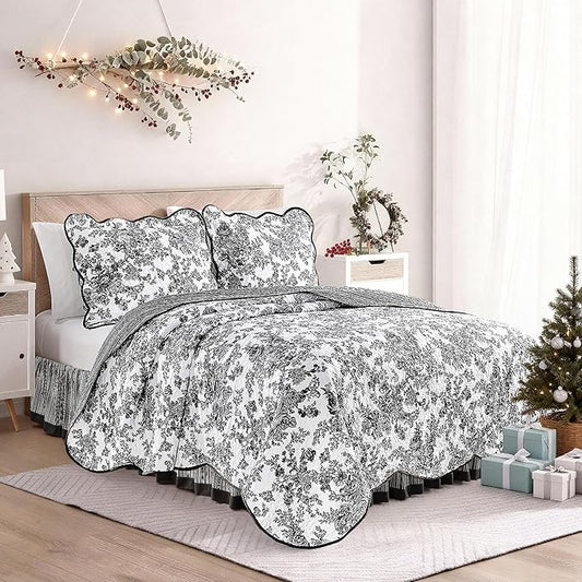 Wonderful 100% Cotton Black Floral Quilt Set Twin Size Bedding Sets with Pillow Sham and Bed Skirt, 3 Pieces Floral Bedspread Coverlet Set, Quilted Blanket Bed Cover for All Season, 66"x86"