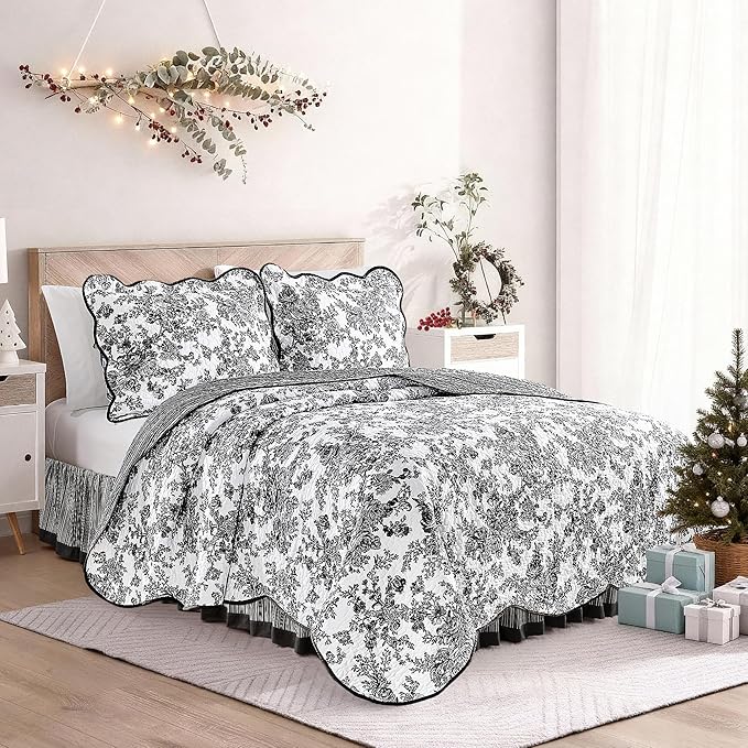 Wonderful 100% Cotton Black Floral Quilt Set Queen Size Bedding Sets with Pillow Shams and Bed Skirt, 4 Pieces Floral Bedspread Coverlet Set, Quilted Blanket Bed Cover for All Season, 88"x90"