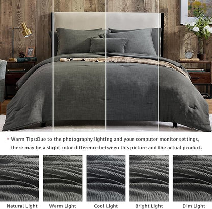 Geniospin Full Comforter Set - 7 Pieces Comforter Full Size, Solid Bedding Sets for All Season, Textured Bed in a Bag with Flat Sheet and Fitted Sheet, Pillowcases and Shams (Grey, 80''x90'')