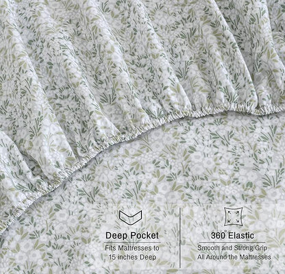 RUVANTI 100% Organic Cotton Sheets Queen Size, Percale Weave, GOTS Certified, 4-Piece Set, Deep Pocket 15", Crisp & Breathable, Soft Durable Bedding, Sábanas Algodón Orgánico – Floral Rush
