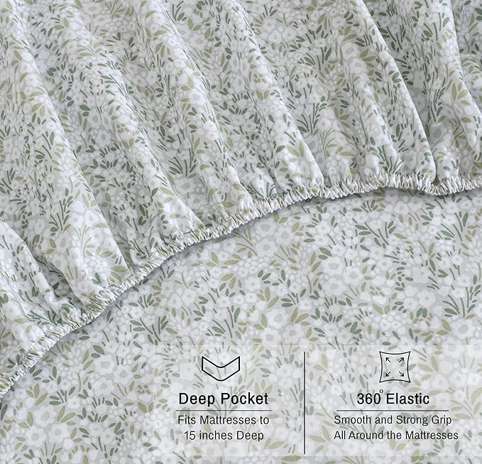 RUVANTI 100% Organic Cotton Sheets Full Size, Percale Weave, GOTS Certified, 4-Piece Set, Deep Pocket 15", Crisp & Breathable, Soft Durable Bedding, Sábanas Algodón Orgánico – Floral Rush