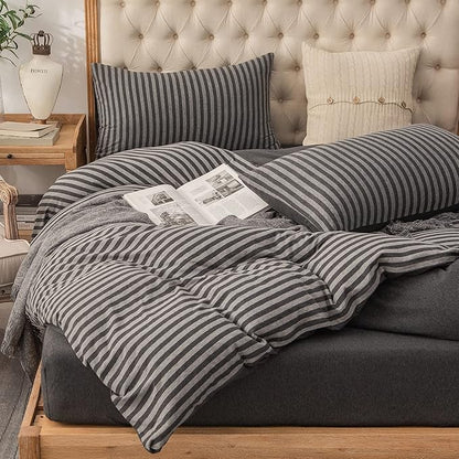 PURE ERA Jersey Knit Duvet Cover Set 100% T-Shirt Heather Cotton Super Soft Comfy Classic Striped Design, with Zipper Closure, Charcoal Dark Grey Stripe, Full