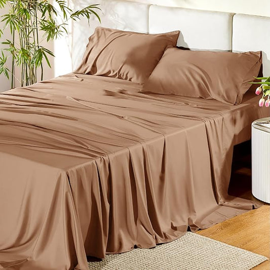 Bedsure California King Sheet Sets, Cooling Sheets for Hot Sleepers, Rayon Derived from Bamboo, PureWoven, Breathable & Soft, Deep Pocket Up to 16", Hotel Luxury Silky Bedding for Hot Sleepers, Khaki