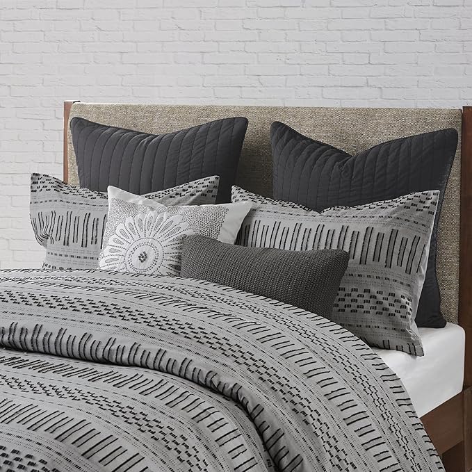 INK+IVY Luxurious Cotton-Bedding Set - Mid Century Trendy Geometric Design, All Season Cozy-Cover With Matching-Shams, King/Cal King, Rhea Jacquard Grey/Black