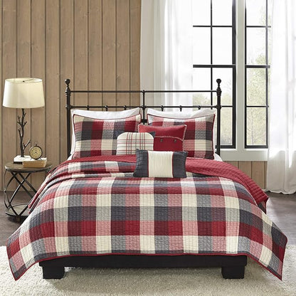 Madison Park Reversible Quilt Cabin Lifestyle Plaid Design - All Season, Breathable Coverlet Bedspread Bedding Set, Matching Shams, Ridge Red King/Cal King(104"x92") 6 Piece