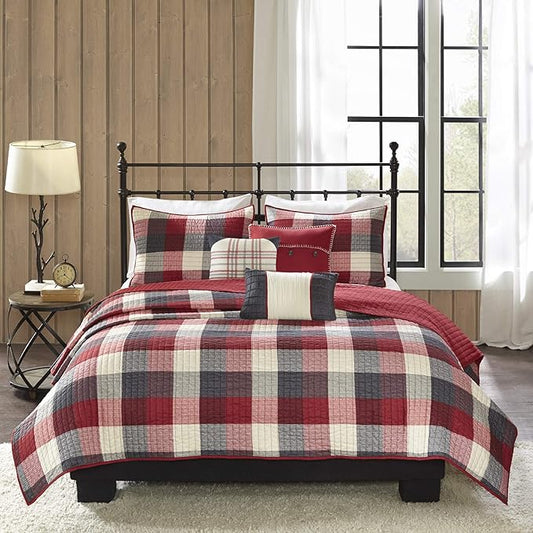 Madison Park Reversible Quilt Cabin Lifestyle Plaid Design - All Season, Breathable Coverlet Bedspread Bedding Set, Matching Shams, Ridge Red King/Cal King(104"x92") 6 Piece