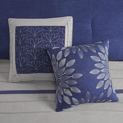 Madison Park Palmer Comforter Set-Luxury Faux Suede Design, Striped Accent, All Season Down Alternative Bedding, Matching Shams, Decorative Pillow, Bed Skirt, King (104 in x 92 in), Blue 7 Piece