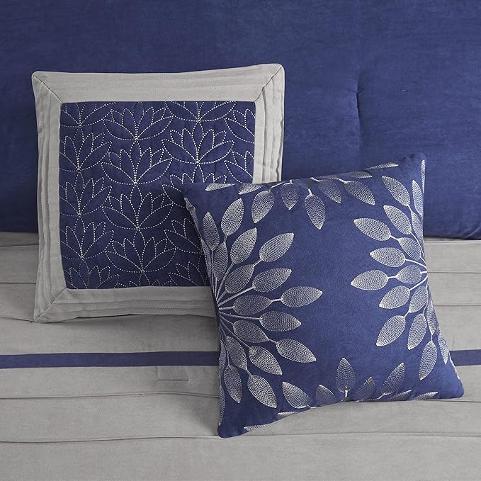 Madison Park Palmer Comforter Set-Luxury Faux Suede Design, Striped Accent, All Season Down Alternative Bedding, Matching Shams, Decorative Pillow, Bed Skirt, Queen (90 in x 90 in), Blue 7 Piece