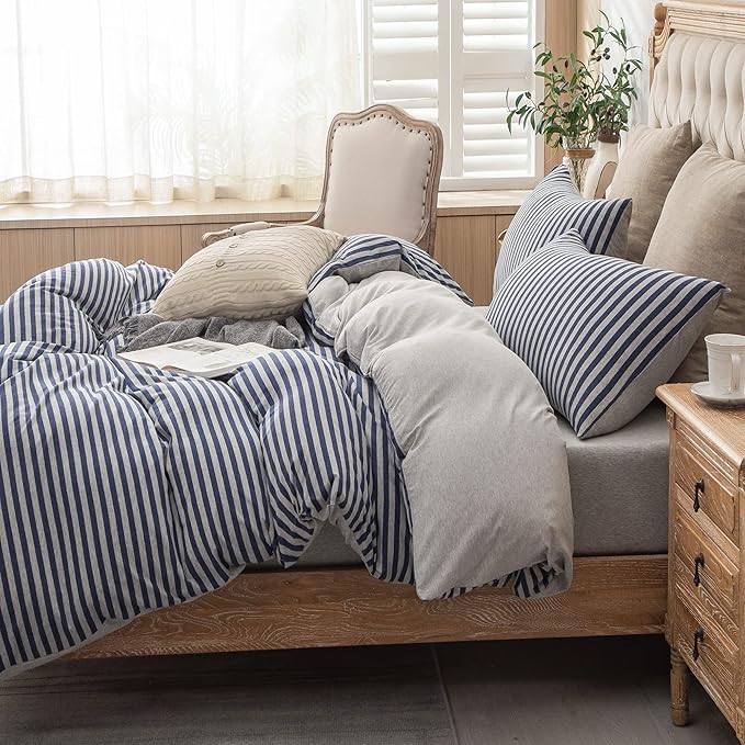 PURE ERA Jersey Knit Duvet Cover Set 100% T-Shirt Heather Cotton Super Soft Comfy Classic Striped Design, with Zipper Closure, Heather Grey Blue Stripe, Queen