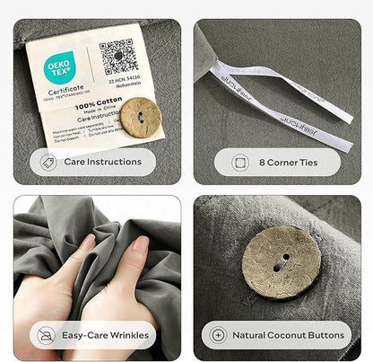 JELLYMONI 100% Washed Cotton Duvet Cover King – Soft, Breathable Linen-Look Bedding with Natural Wrinkle Texture, Button Closure, 3-Piece Set (Dark Grey, 104"x90")