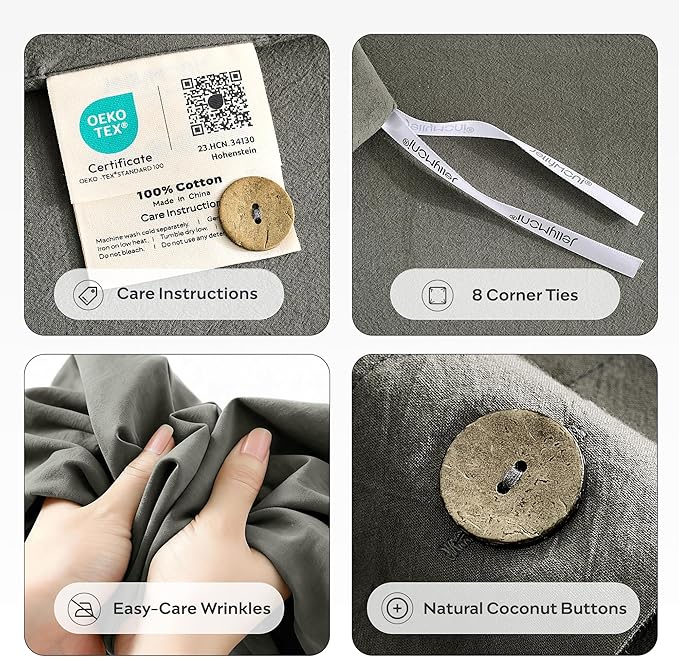JELLYMONI 100% Washed Cotton Duvet Cover Twin – Soft, Breathable Linen-Look Bedding with Natural Wrinkle Texture, Button Closure, 2-Piece Set (Dark Grey, 68"x90")