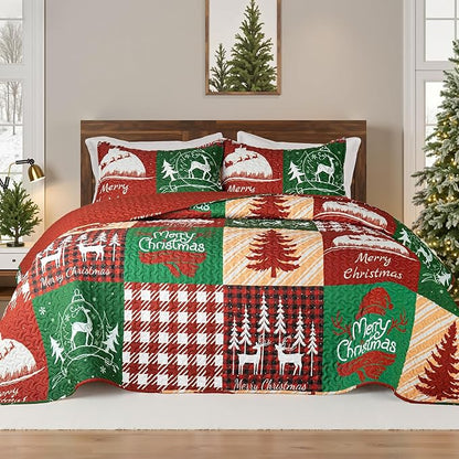 Whale Flotilla Christmas Quilt Twin Size, Soft Boho Patchwork Bedspreads for Bed Reversible Lightweight Twin Quilt Bedding Set Coverlets with 1 Pillow Sham for All Seasons, Happy Christmas