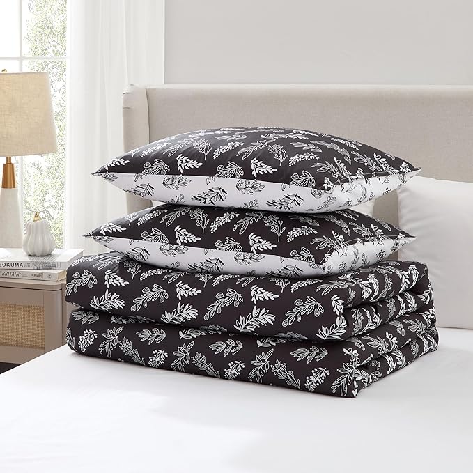 Nestl Full Size Comforter Sets - Black Bed in a Bag Full Size, 3 Pieces Reversible Bed Set, Soft Floral Bedding Set, All Season Botanical Comforters with Pillow Shams
