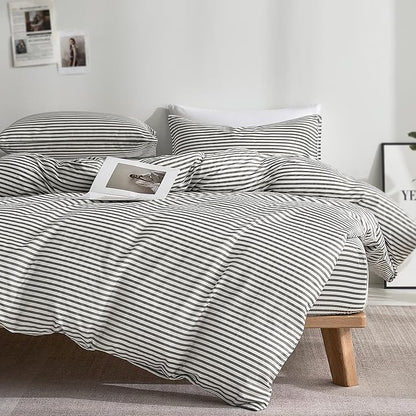 JELLYMONI Duvet Cover, 100% Natural Cotton, Printed Comforter Cover with Zipper Closure and Corner Ties (Super King 116×98 Inch, White Duvet Cover Set with Grey Stripes Pattern, 3 Pieces)