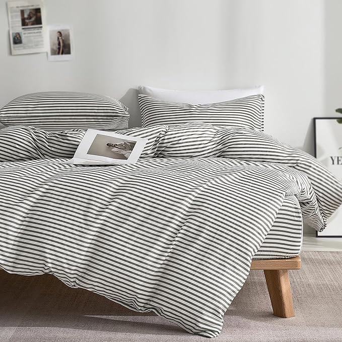 JELLYMONI 100% Natural Cotton 3pcs Striped Duvet Cover Sets with Zipper Closure & Corner Ties, White Comforter Cover with Grey Stripes Pattern Printed (Full Size)