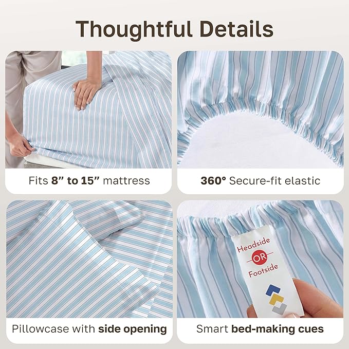 California Design Den Deep Pocket Twin Sheets Set - 400 Thread Count Sateen, Natural 100% Cotton Sheets, and Durable Bedding Set - Cape Stripe