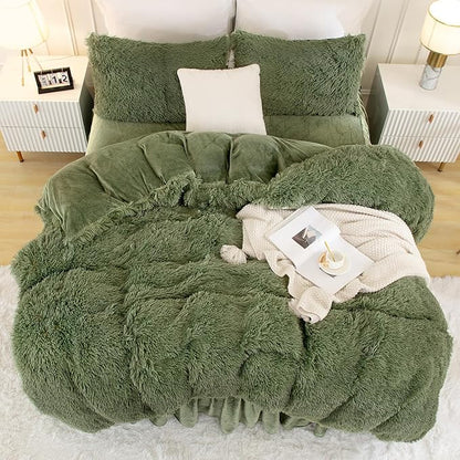Andency Faux Fur Sage Green Comforter Set Full Size, 3 Pieces Fluffy Fuzzy Plush Bedding Comforter Set (1 Shaggy Velvet Comforter & 2 Pillowcases), Soft Puffy Comfy Down Comforter Bedding Set