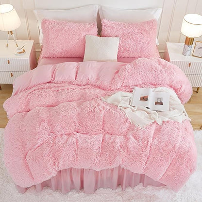 Andency Faux Fur Pink Comforter Set Queen Size, 3 Pieces Fluffy Fuzzy Plush Bedding Comforter Set (1 Shaggy Velvet Comforter & 2 Pillowcases), Soft Puffy Comfy Down Alternative Comforter Bedding Set